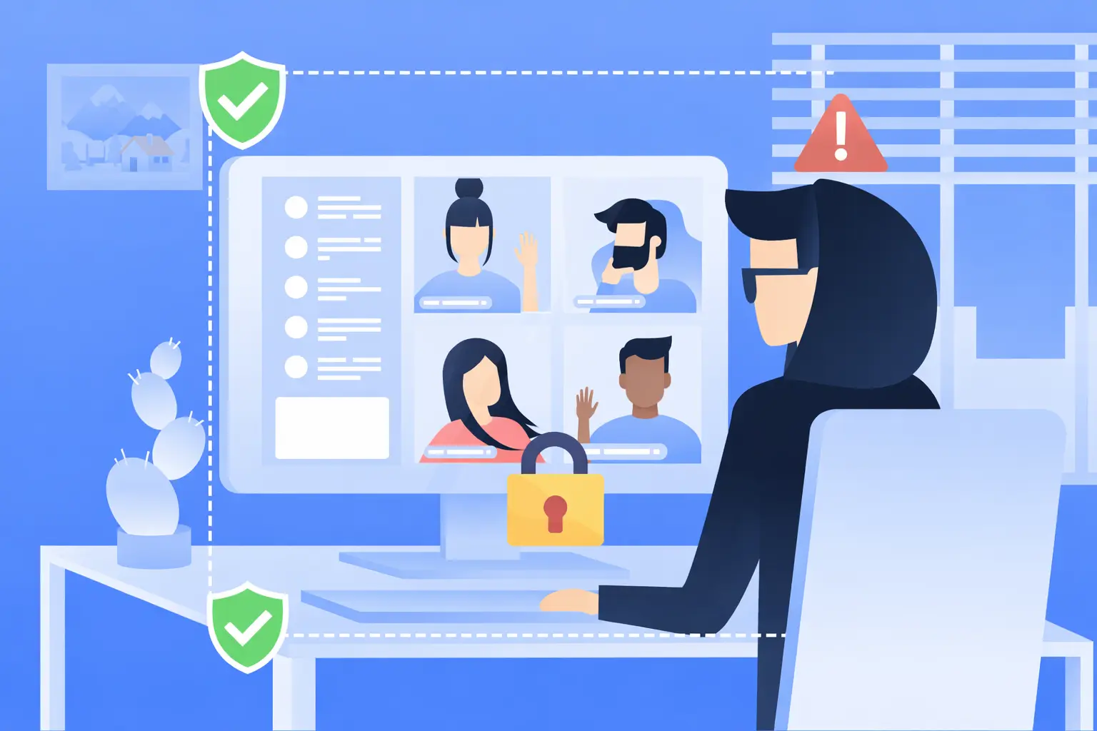 Secure Zoom video meeting with encryption lock and safety shields illustration