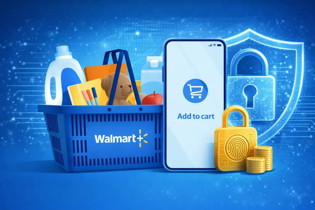 white-label Walmart app security with secure online shopping basket mobile app and data protection concept