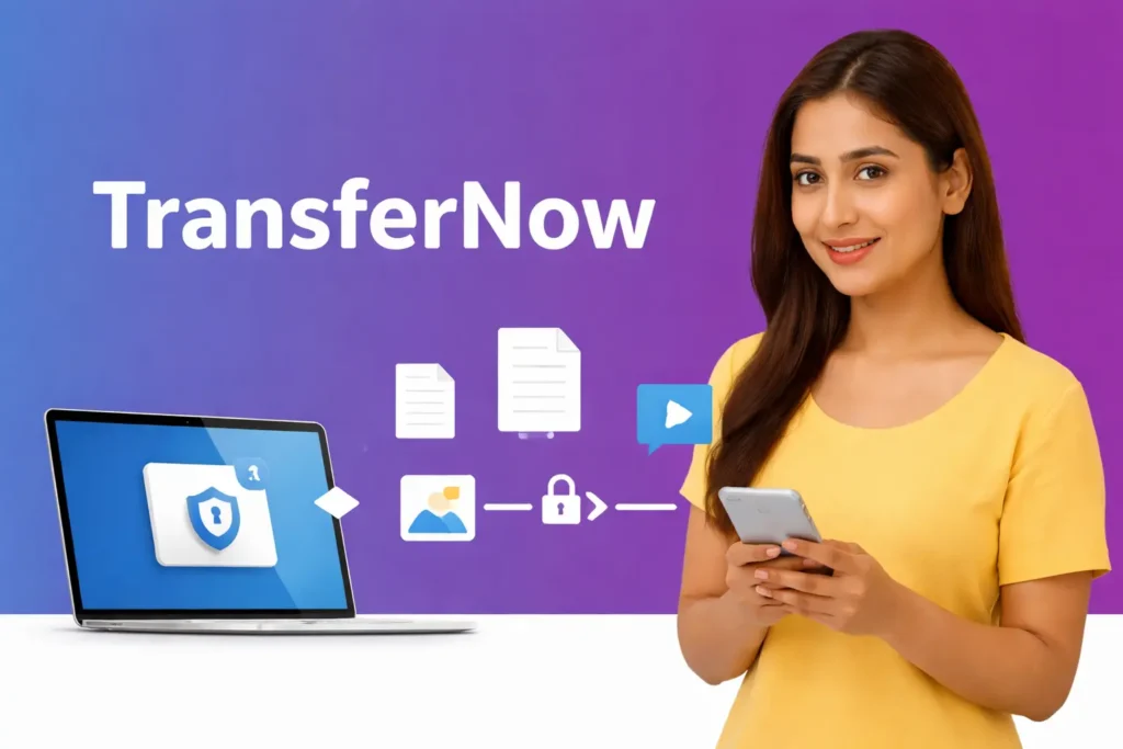 TransferNow app safety image showing secure file sharing with encrypted data transfer