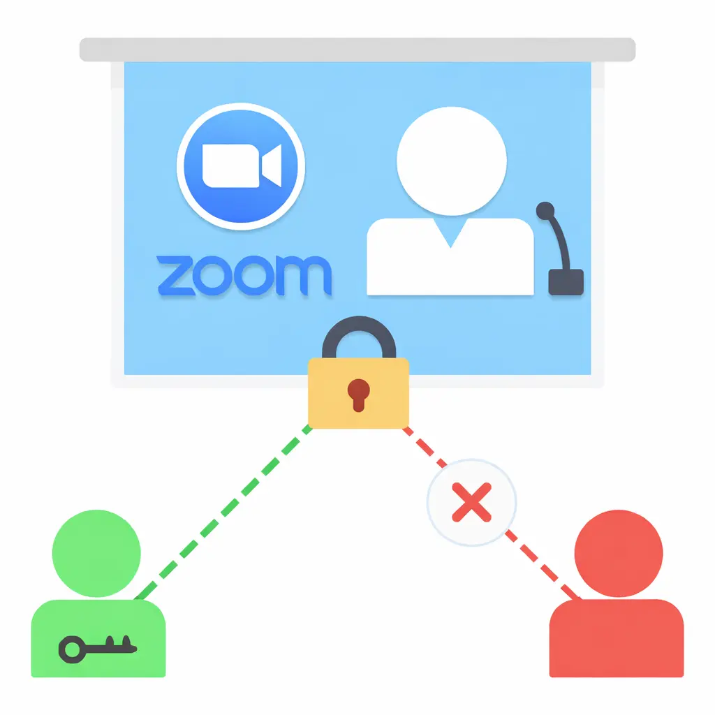 Zoom app security illustration showing laptop screen with lock, shields, and alert icon