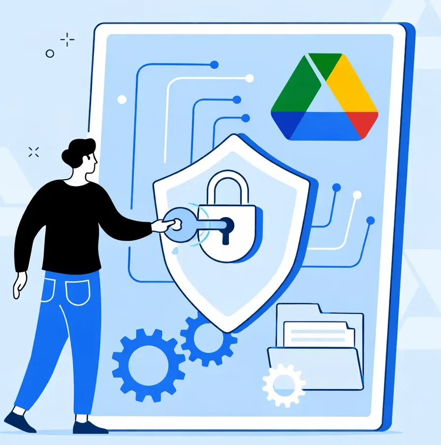 Person securing Google Drive app with shield lock, key access control and secure file storage on digital screen