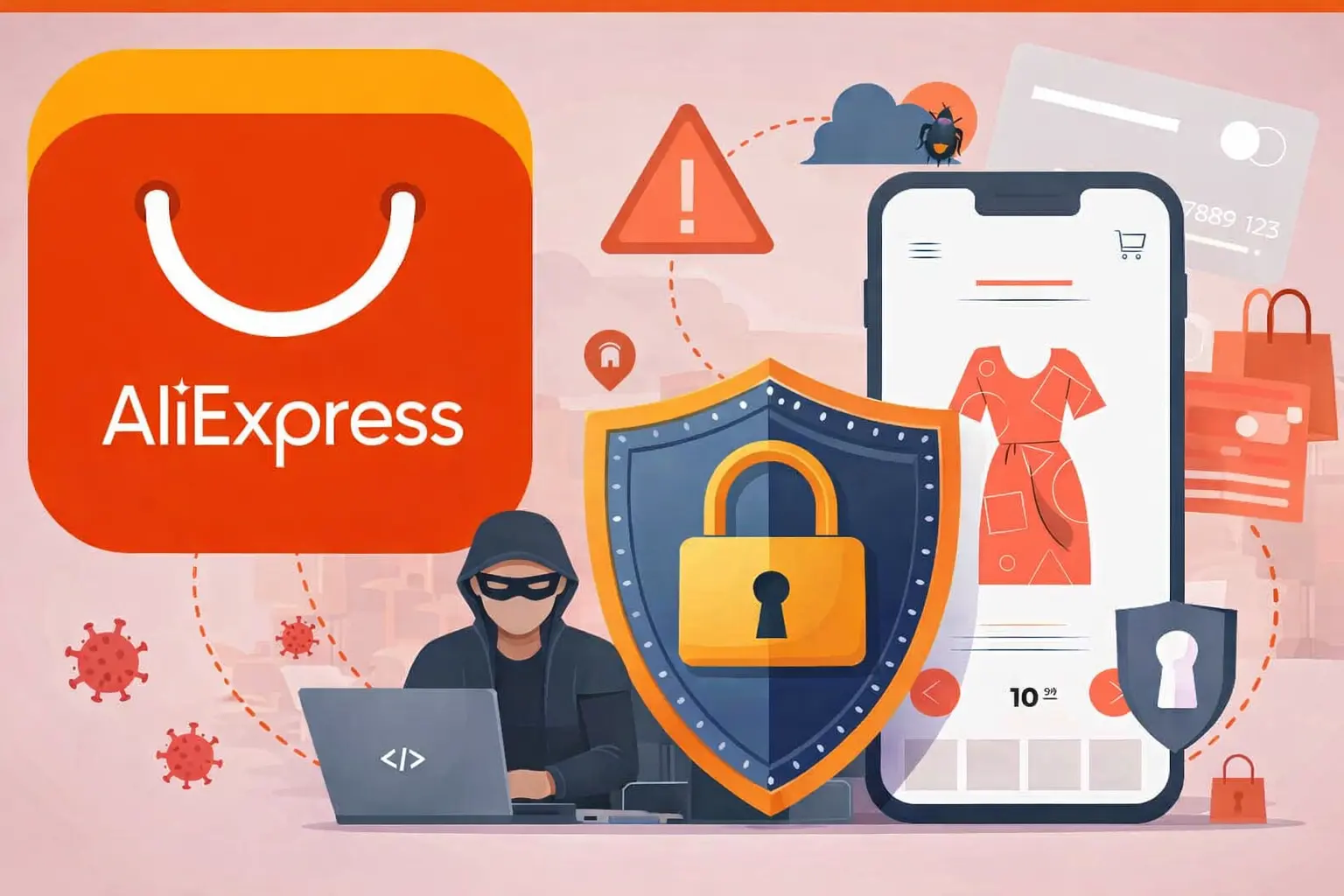 White-label AliExpress app security illustration showing data protection, payment safety, and cyber threat prevention in 2026