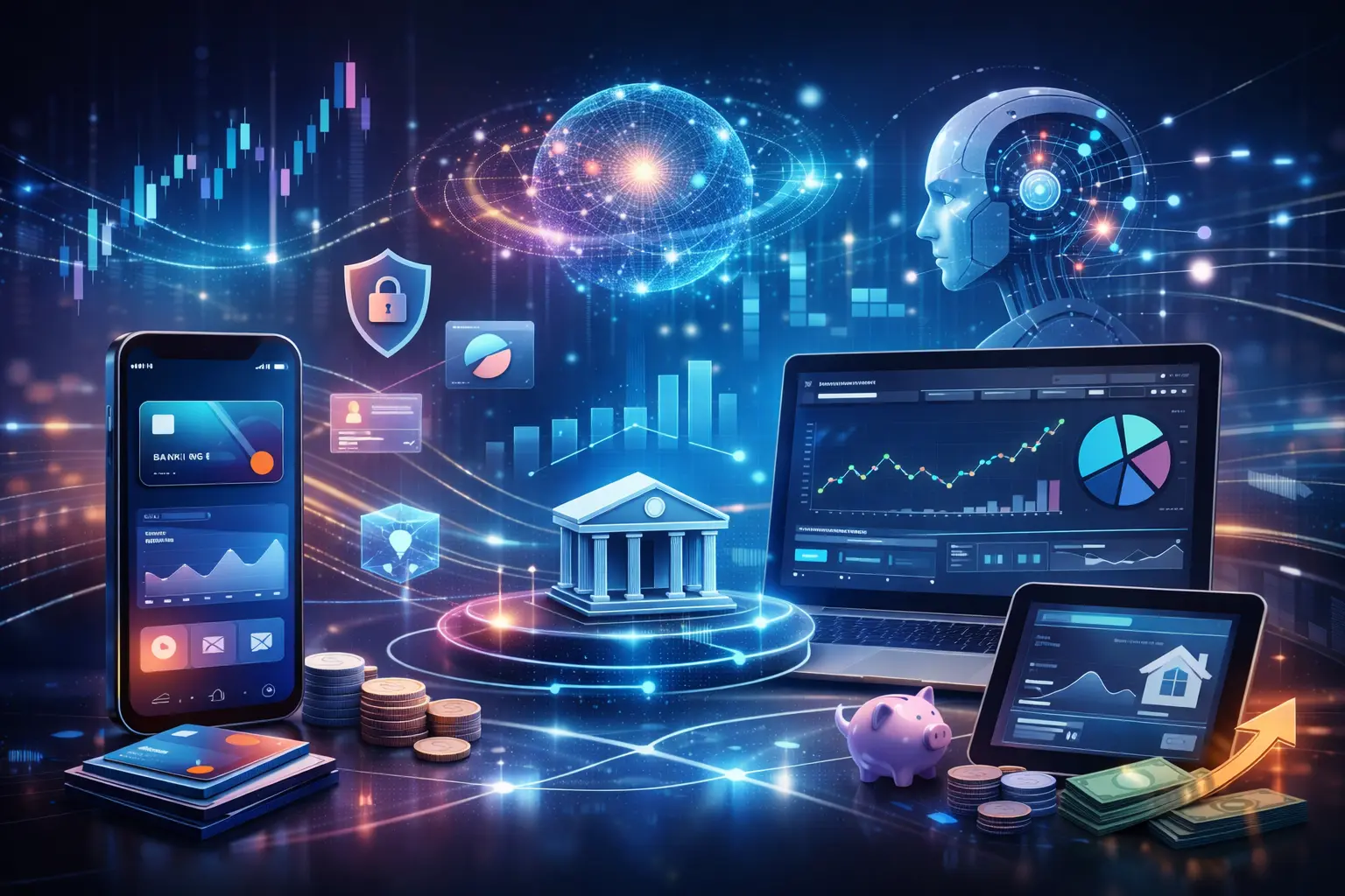 Futuristic digital banking and lending app interface representing a SoFi clone script fintech platform