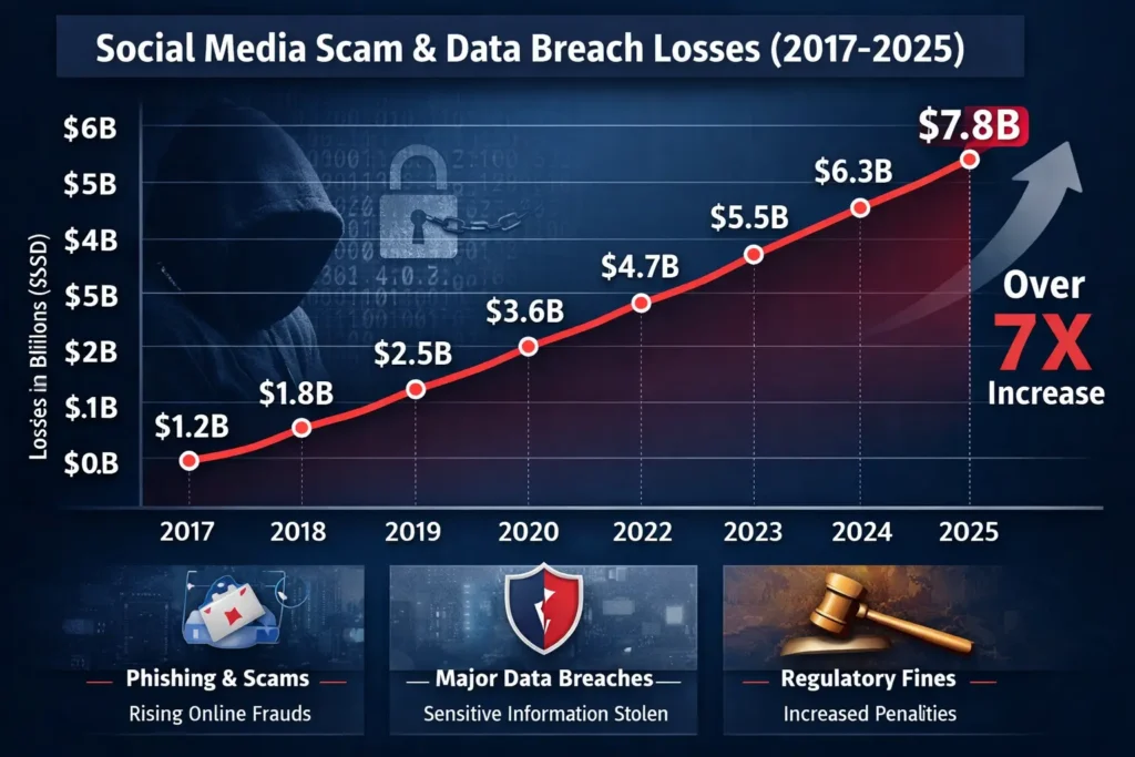 Graph showing rise in social media scam and data breach losses from 2017 to 2025 with phishing, breaches and regulatory fines