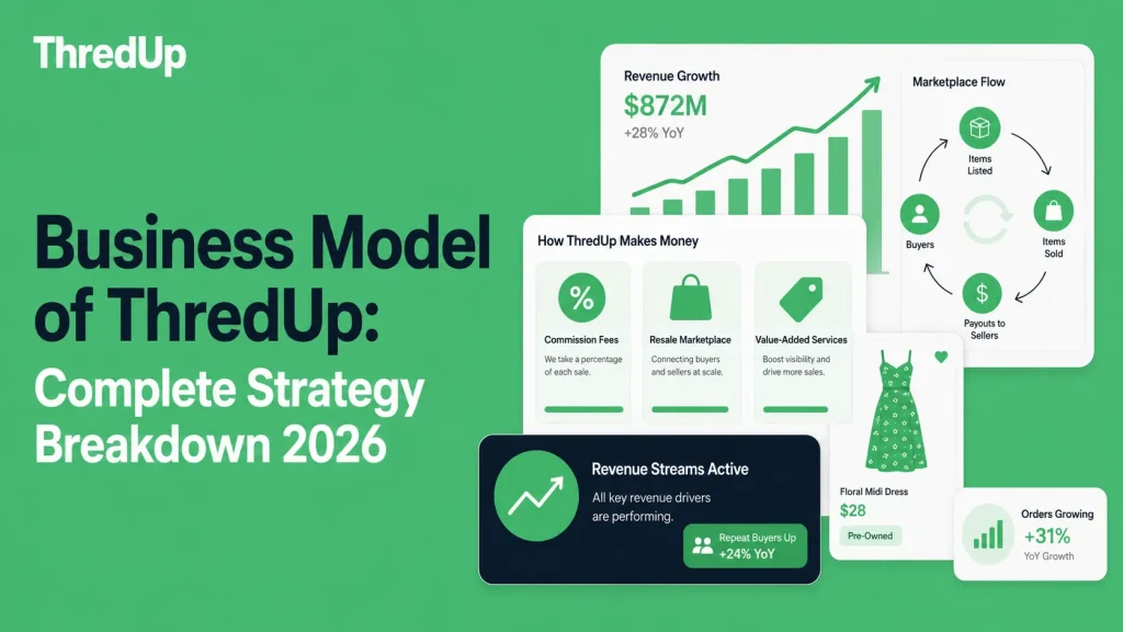 ThredUp business model dashboard showing resale marketplace revenue, commission fees, value-added services, marketplace flow, repeat buyers, and revenue growth in 2026.