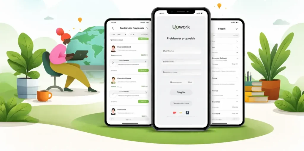 Upwork app freelance marketplace interface showing freelancer proposals, secure login, and global remote work environment