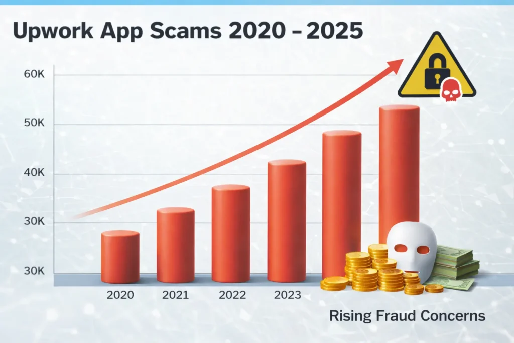 Bar graph showing rise in Upwork app scams from 2020 to 2025 highlighting increasing fraud risks and security concerns