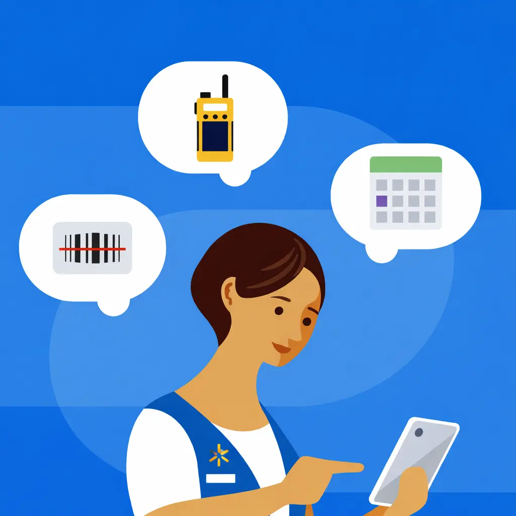 Walmart app employee using mobile app for barcode scanning communication and scheduling