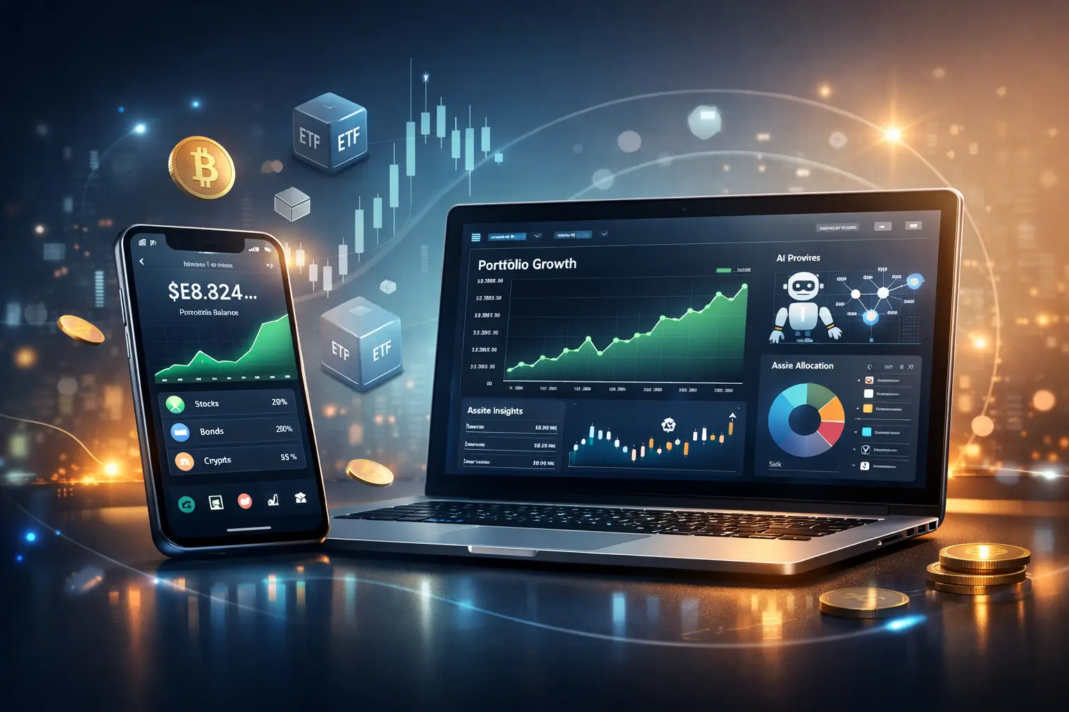 Wealthfront clone Script illustration showing AI-powered automated investing dashboard by Miracuves