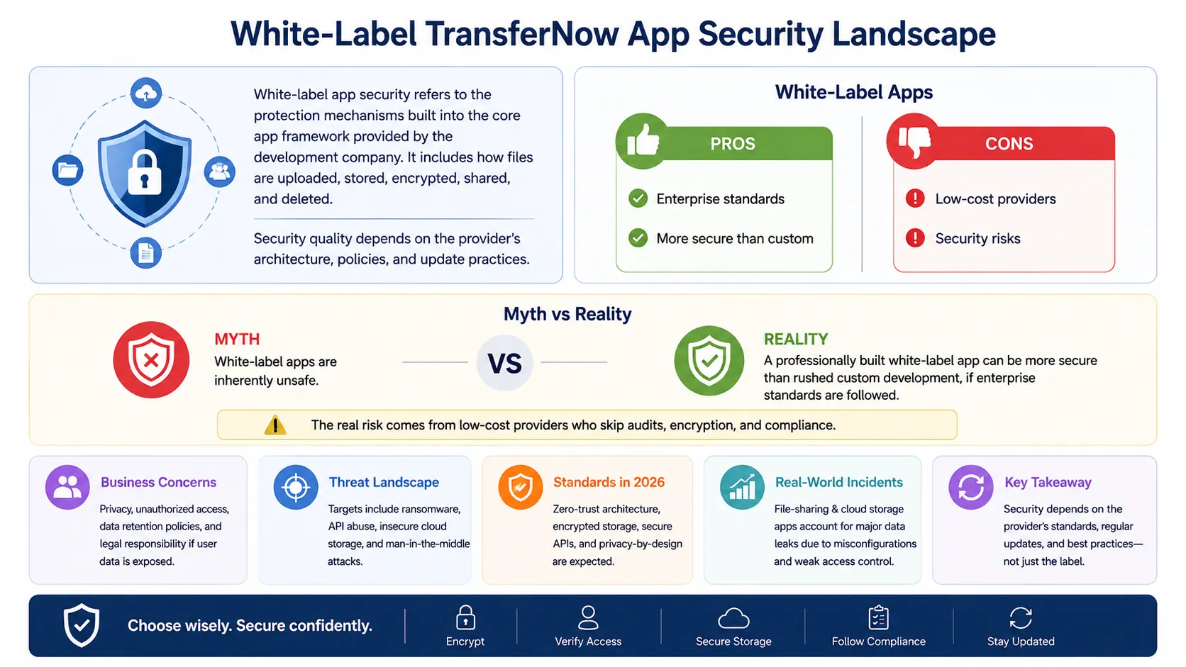 White-Label TransferNow App Security: Risks, Standards & Best Practices 1 White-label TransferNow app security infographic explaining encryption, compliance standards, security risks, myths, and secure cloud storage practices