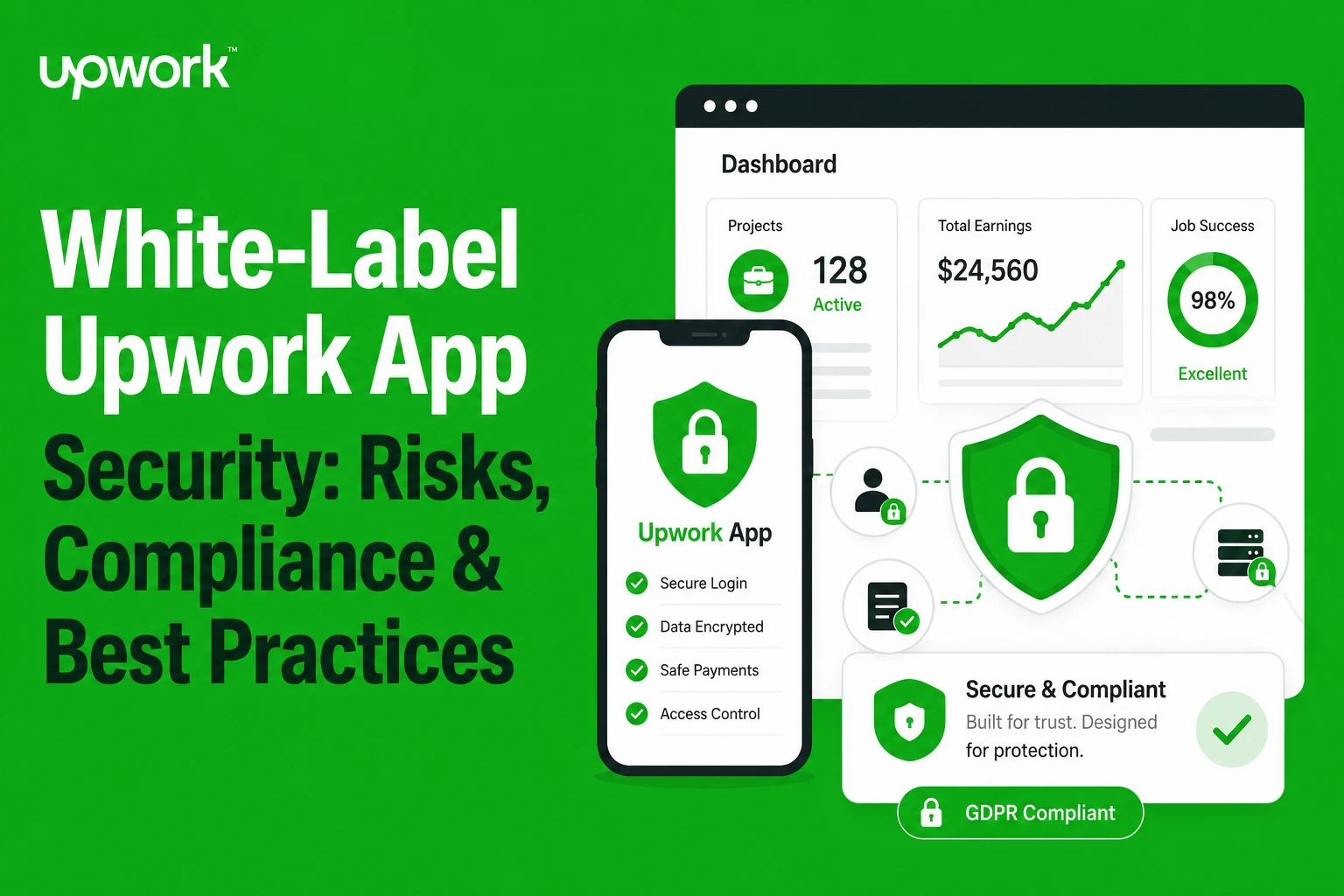 White label Upwork app security guide showing secure freelancer platform encrypted payments compliance and access control
