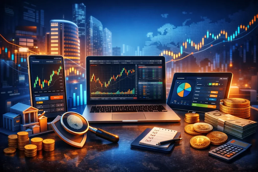 Futuristic trading platform illustration showing multi-device stock charts, market dashboards, and financial elements for a Zerodha Clone Script.