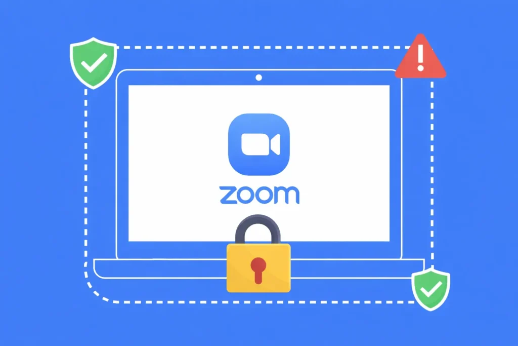 Zoom app security illustration showing laptop screen with lock, shields, and alert icon