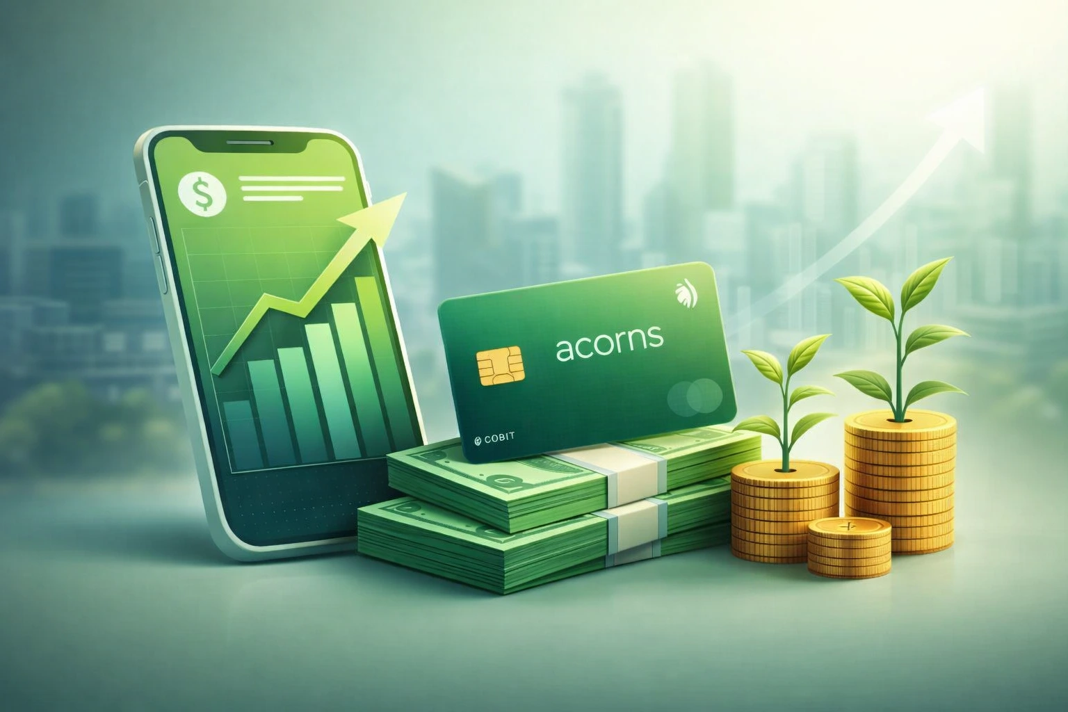 Acorns revenue model visualization showing subscription growth, fintech app dashboard, and digital investment ecosystem