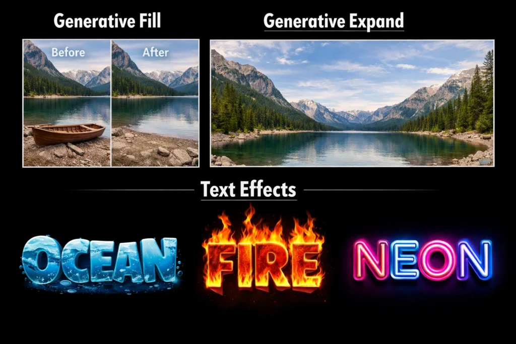 Adobe Firefly generative fill, generative expand, and text effects examples.