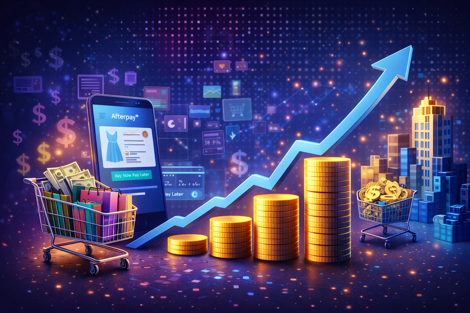 Afterpay BNPL revenue model showing buy now pay later platform with merchant commissions, fintech growth, and digital commerce monetization