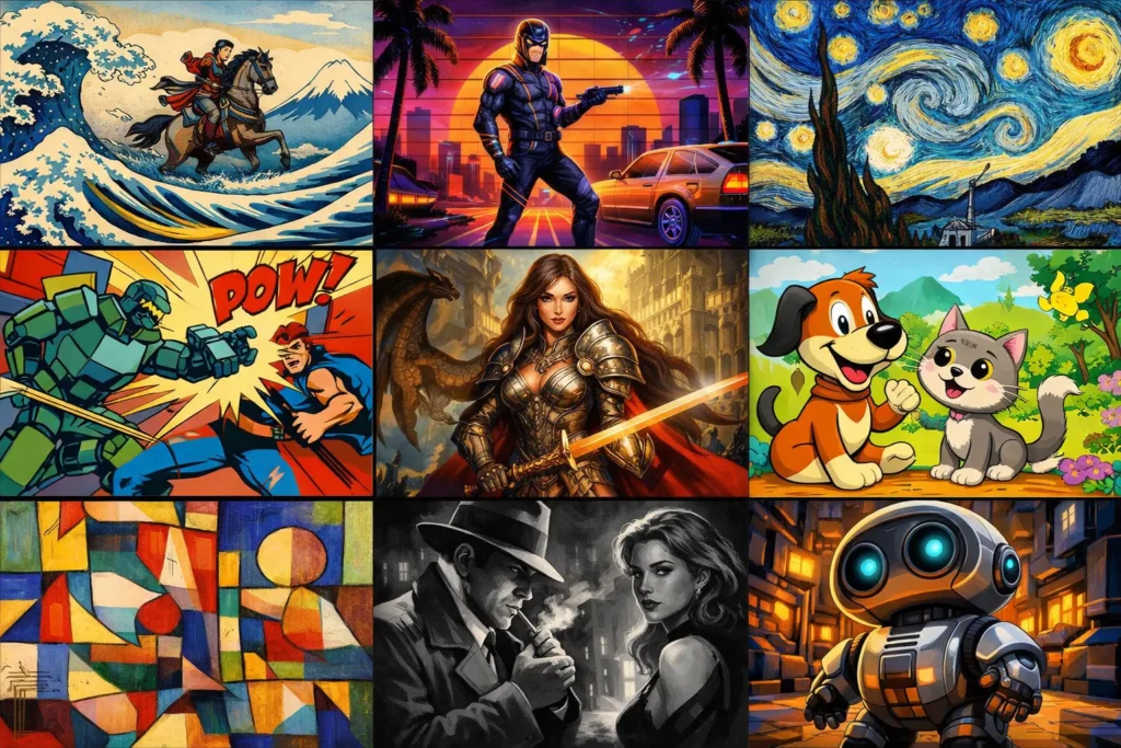 AI-generated artwork collage showcasing multiple art styles including fantasy illustration, anime, comic book art, abstract painting, cinematic noir, cartoon characters, and futuristic robot designs.