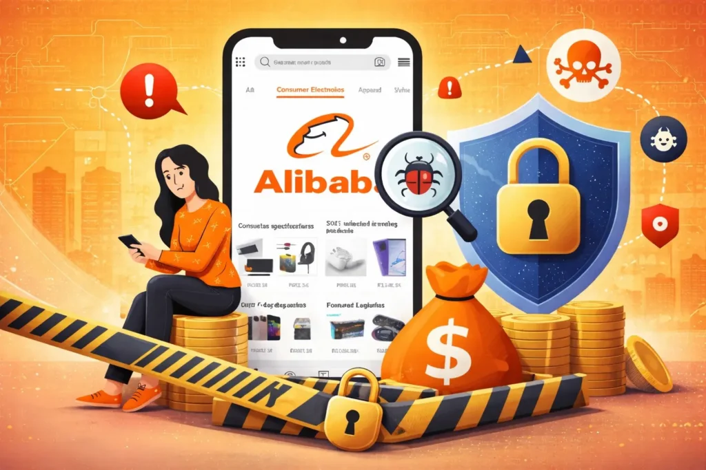Illustration showing security risks, fraud detection, and financial protection in a white-label Alibaba app with secure marketplace transactions in 2026