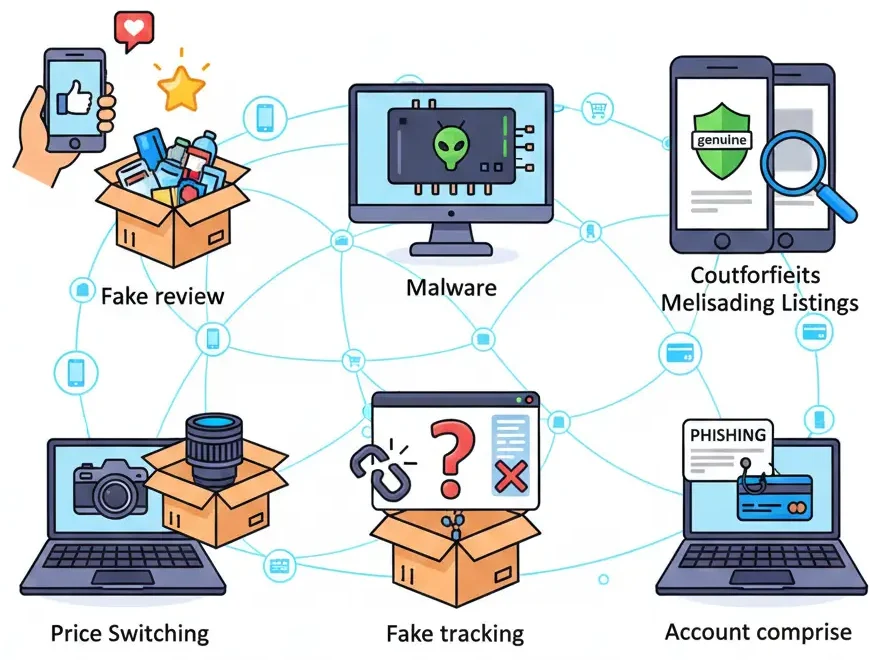 AliExpress-style marketplace app security risks showing fake reviews, malware, phishing, account compromise, and fake tracking threats in 2026
