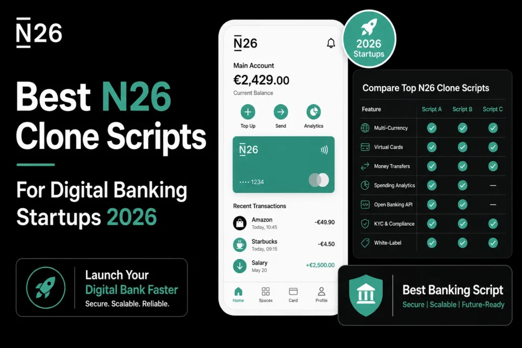 N26 clone script visual showing digital banking app interface, virtual cards, money transfers, spending analytics, open banking API, KYC compliance, white-label features, and banking script comparison.