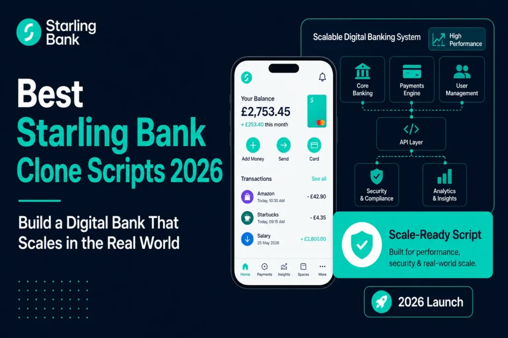 Starling Bank clone script visual showing digital banking app interface, balance, payments, card management, API layer, security, compliance, analytics, and scalable banking system.