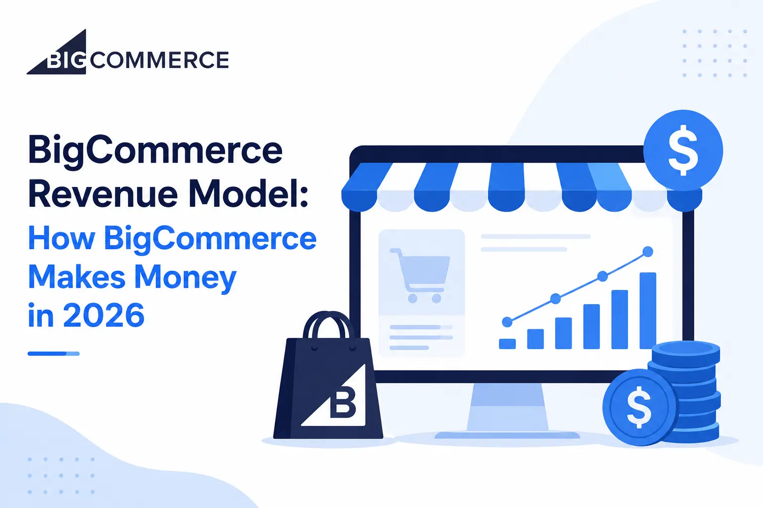 Infographic showing BigCommerce revenue model in 2026 with ecommerce store dashboard, sales growth chart, subscriptions, payments, and platform revenue.