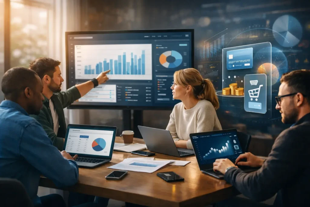 Corporate finance team analyzing spend management dashboards and virtual card workflows for a Brex-style Script.