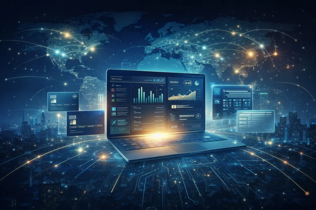 Brex revenue model visual showing global fintech infrastructure, business spend automation, and cross-border financial workflows