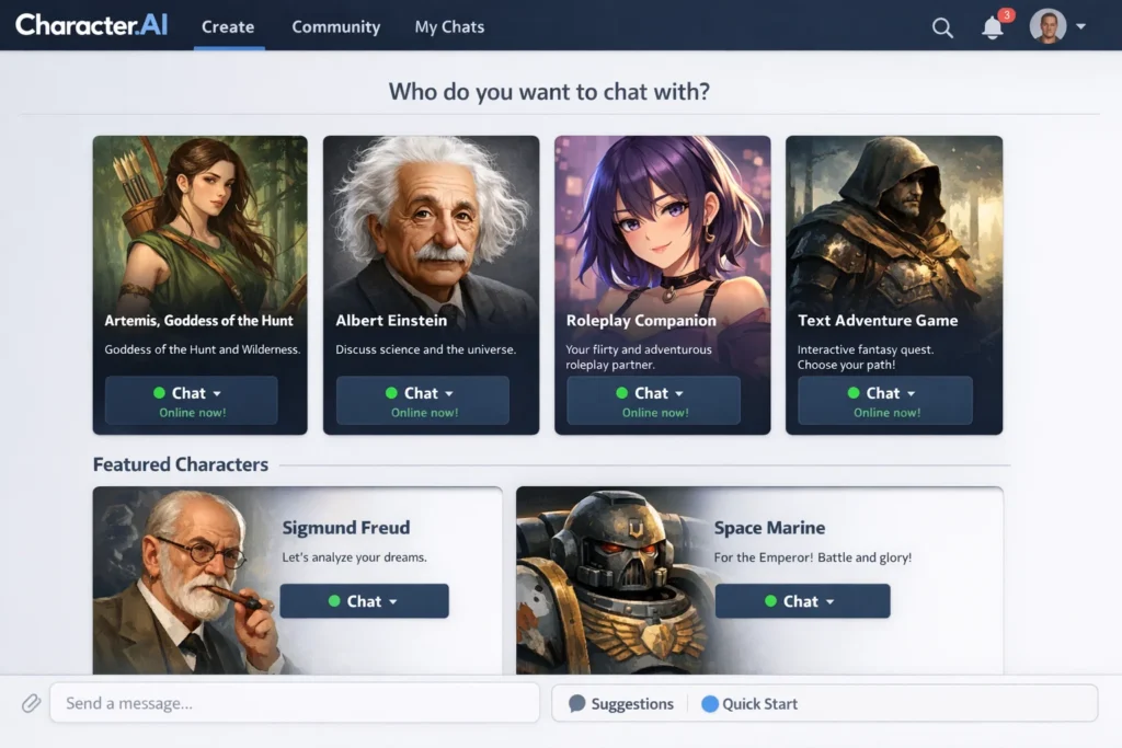 Character.AI character selection interface showing AI personas like Albert Einstein, Artemis Goddess of the Hunt, roleplay companion, and text adventure game with live chat options.