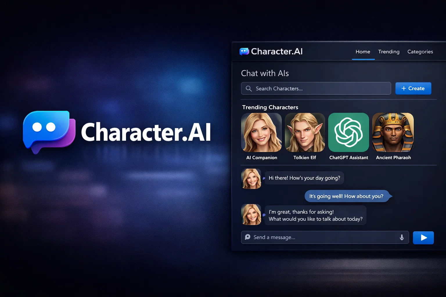 Character.AI interface showing AI character chat platform with trending characters, including AI Companion, fantasy personas, and ChatGPT-style assistant conversations.