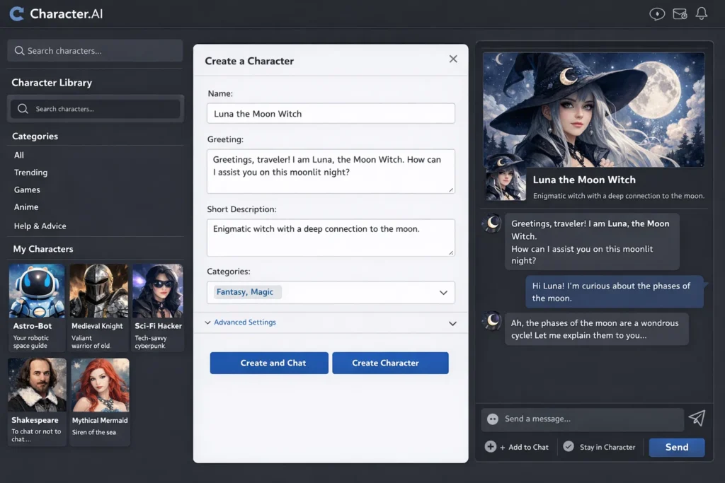 Character.AI create character screen showing custom AI persona setup with fantasy character Luna the Moon Mage and live roleplay chat interaction.