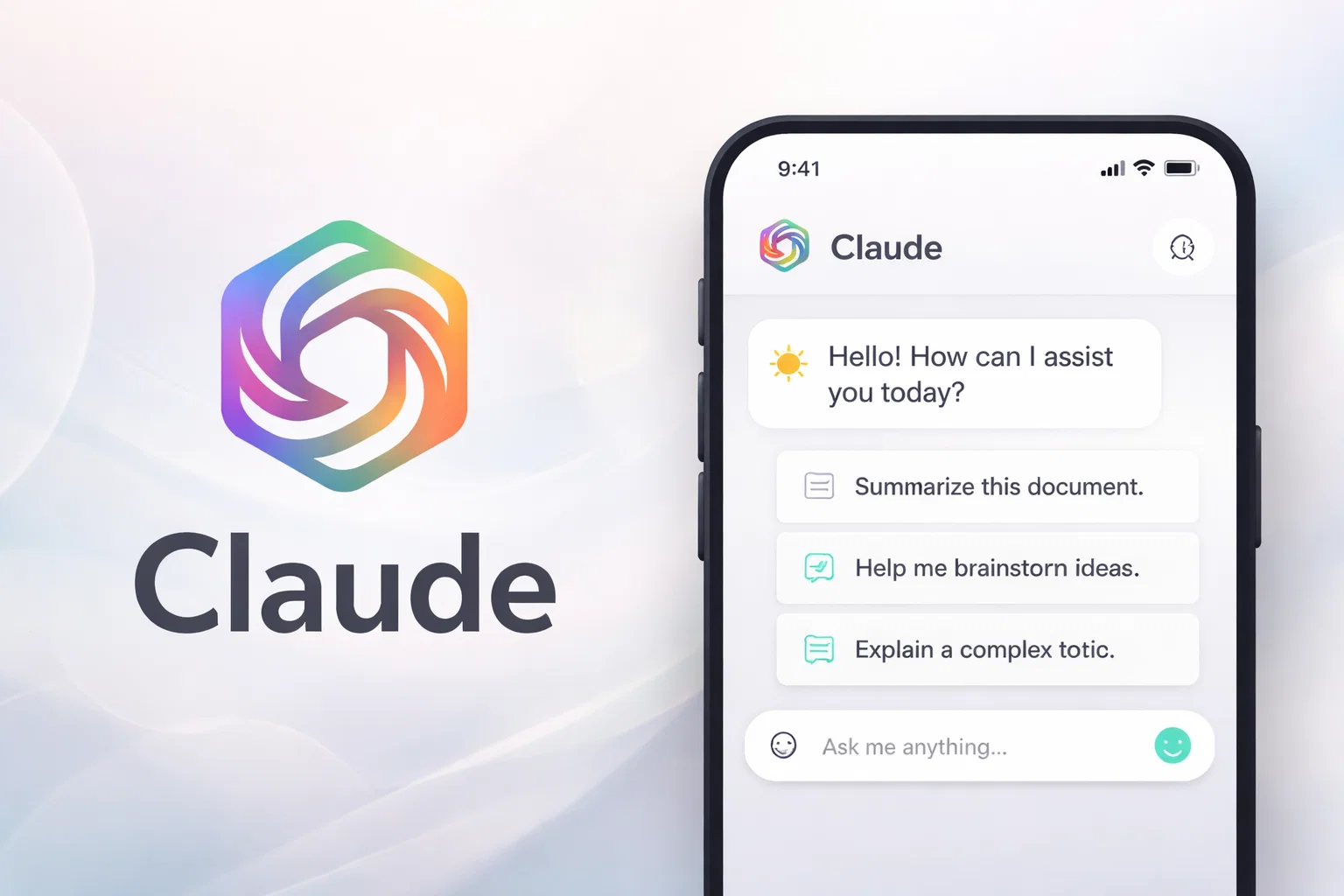 Claude AI mobile app interface showing the Claude logo and a smartphone screen with an AI assistant offering document summarization, brainstorming ideas, explaining complex topics, and conversational AI support.