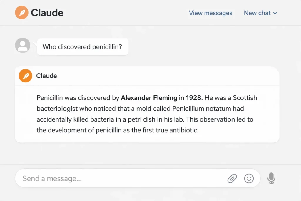 Claude AI chat interface answering an educational question about who discovered penicillin, showing a conversational response explaining Alexander Fleming’s discovery in 1928.