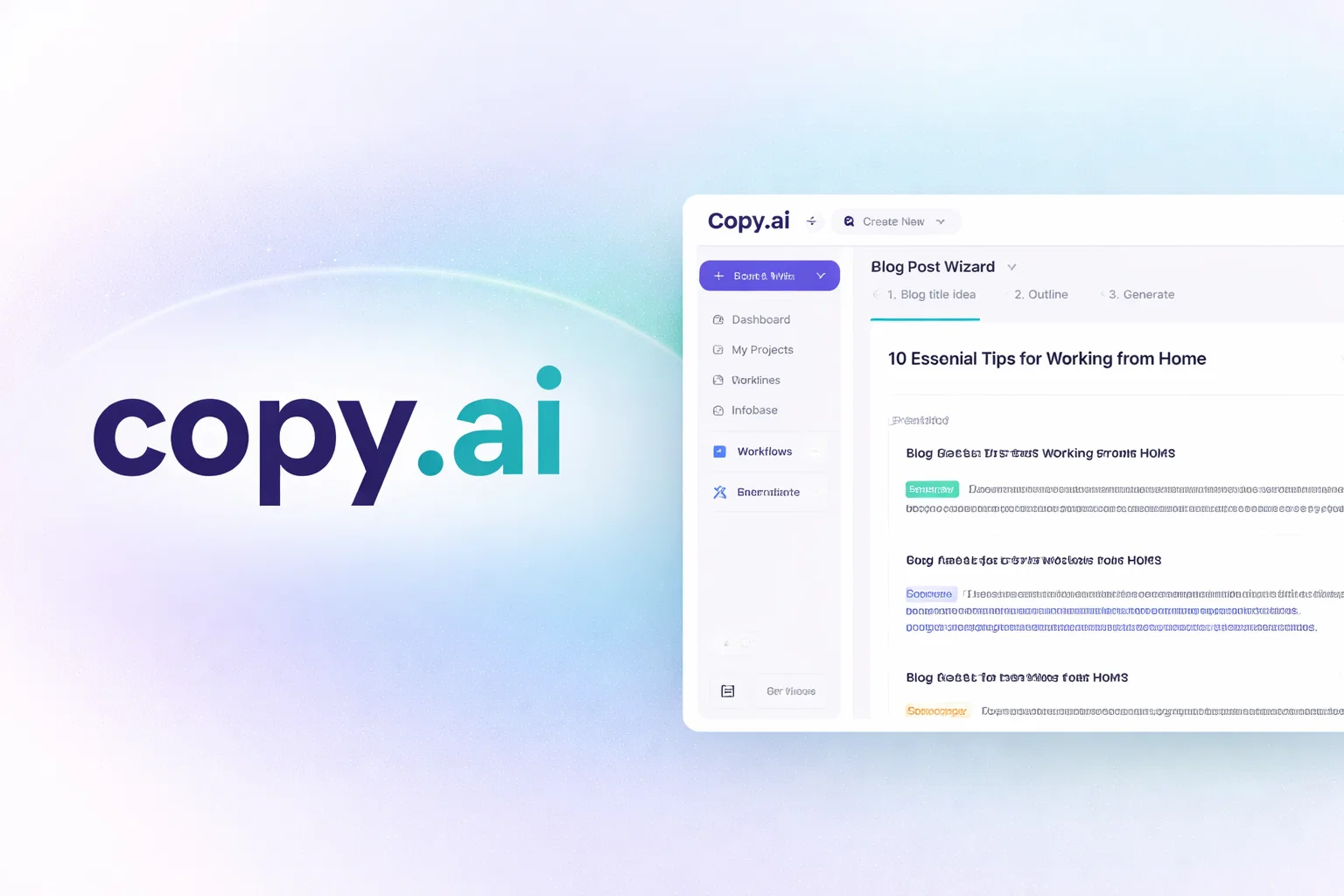 Copy.ai platform interface displaying an AI-powered blog post wizard used for creating SEO-friendly articles, featuring content workflows, project navigation, automated blog title generation, structured outlines, and AI-assisted writing tools designed for marketers, startups, and enterprise teams to scale content production and digital growth.