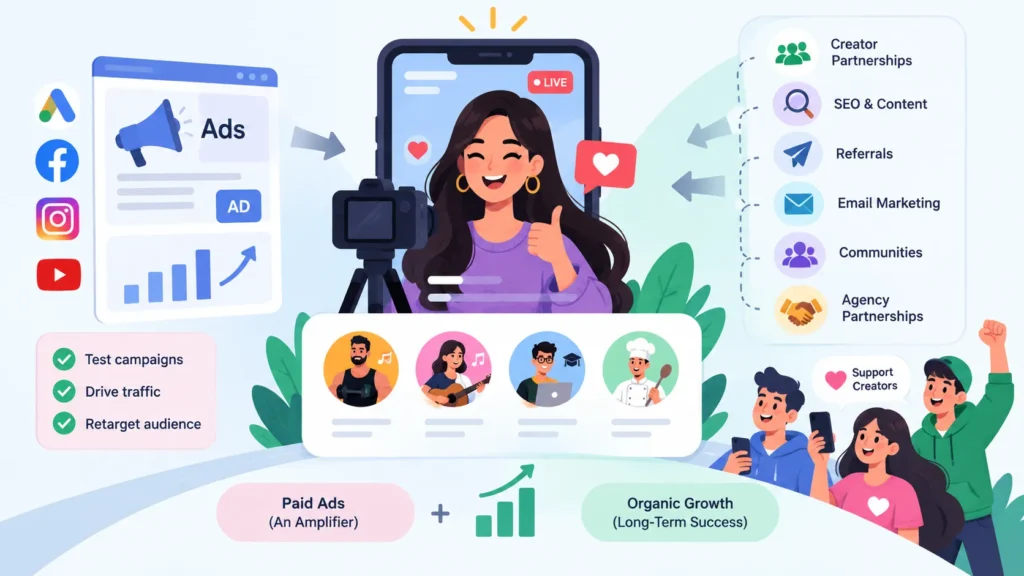 Creator platform growth strategy showing paid ads, creator partnerships, SEO, referrals, email marketing, communities, and agency partnerships for sustainable growth.