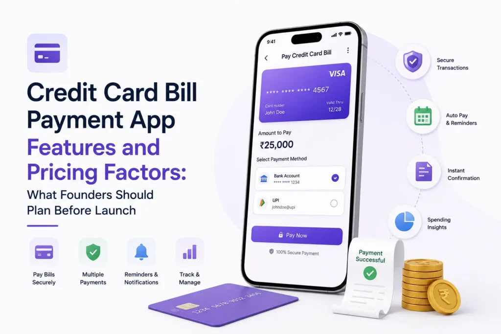 Credit card bill payment app features and pricing factors including secure payments, multiple payment methods, reminders, confirmations, and spending insights