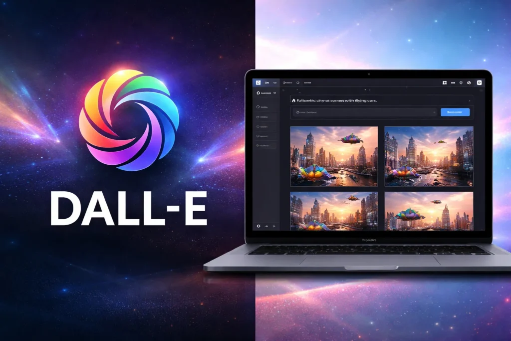 Visual representation of the DALL·E AI image generation platform showing a laptop interface with multiple generated images, prompt input, and creative variations for AI-powered artwork creation.