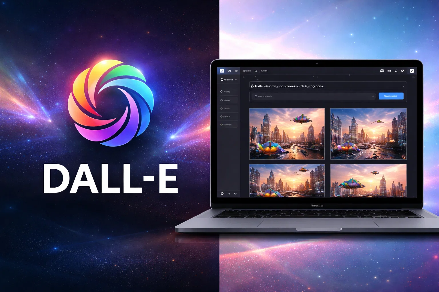 Visual representation of the DALL·E AI image generation platform showing a laptop interface with multiple generated images, prompt input, and creative variations for AI-powered artwork creation.