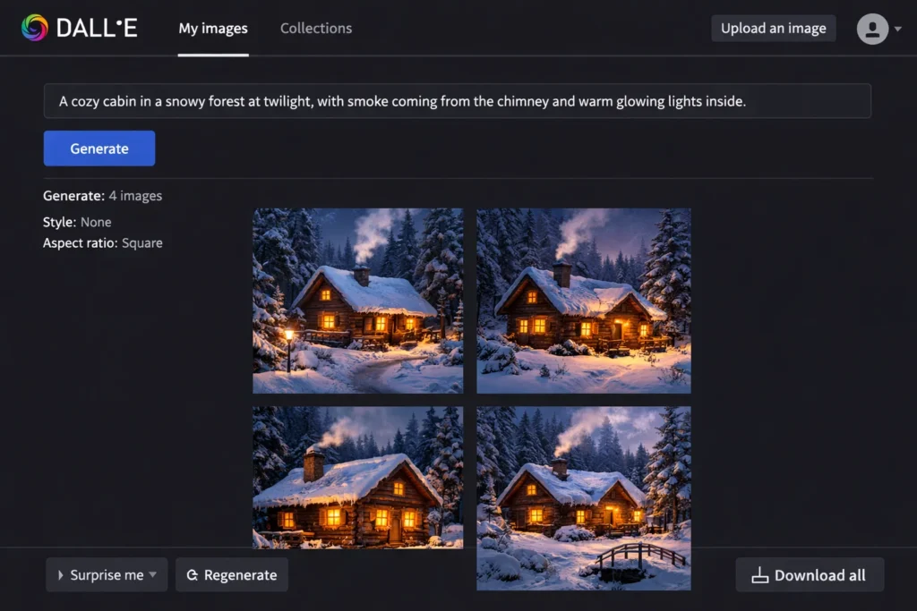 Screenshot of the DALL·E AI image generator displaying four variations of a cozy wooden cabin in a snowy forest at twilight, with warm glowing lights and smoke rising from the chimney, generated from a descriptive text prompt.