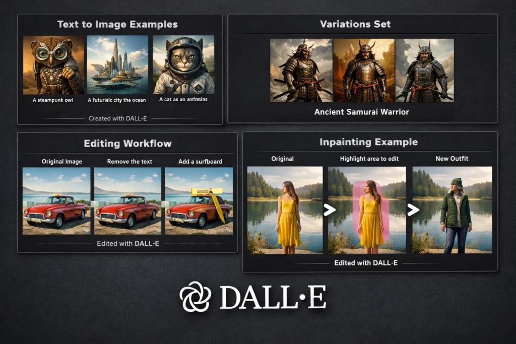 Composite visual demonstrating DALL·E AI capabilities, including text-to-image generation examples, visual variation sets of an ancient samurai warrior, step-by-step image editing, and inpainting to modify clothing and objects within photographs.