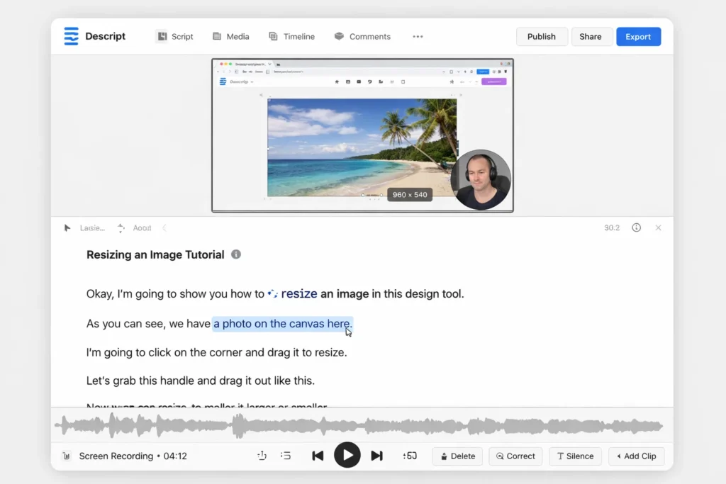 Descript AI interface showing screen recording and text-based video editing with transcription and timeline controls.