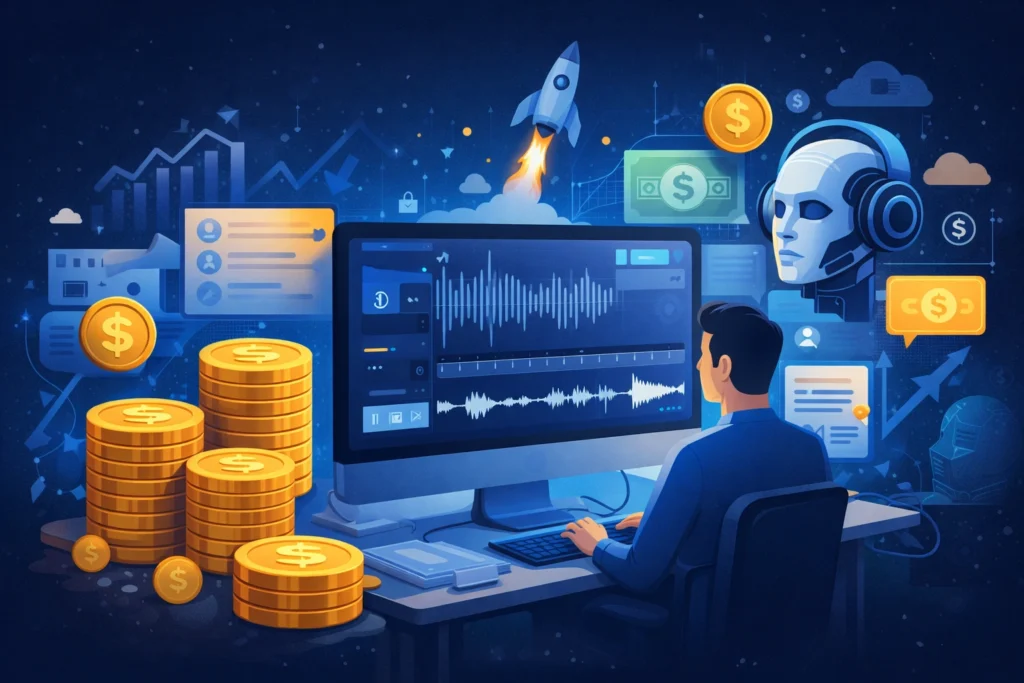 AI-powered Descript clone platform showing how audio and video editing software generates revenue through subscriptions and monetization systems