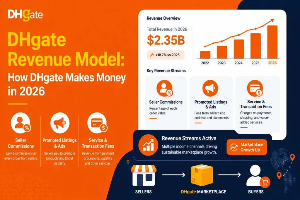 DHgate revenue model dashboard showing seller commissions, promoted listings, transaction fees, marketplace growth, and ecommerce revenue streams in 2026.