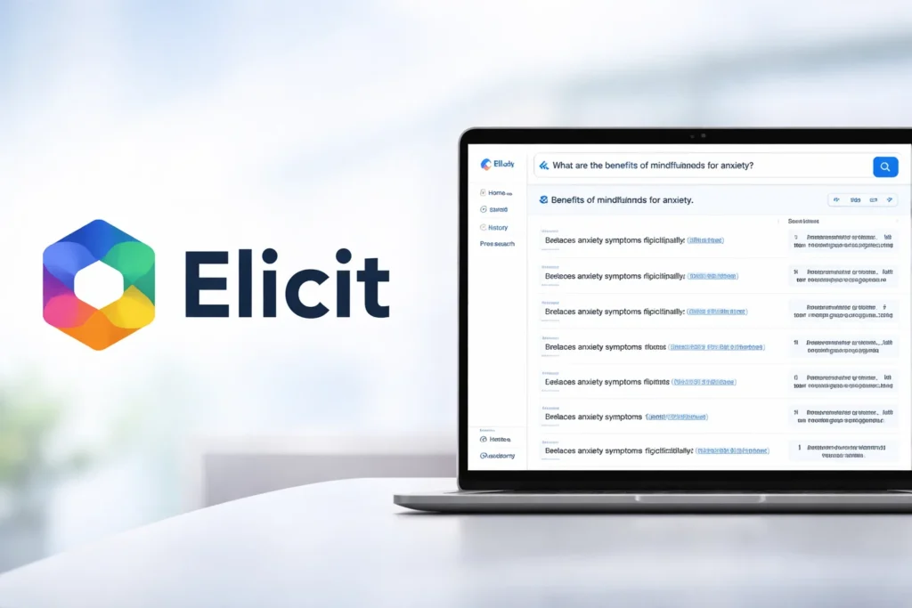 Elicit AI-powered research interface displayed on a laptop screen showing a structured search for the benefits of mindfulness for anxiety, with automatically generated evidence-based answers, ranked academic sources, citation links, and summarized research findings in a clean, web-based dashboard designed for students, researchers, and professionals conducting literature reviews and academic analysis.