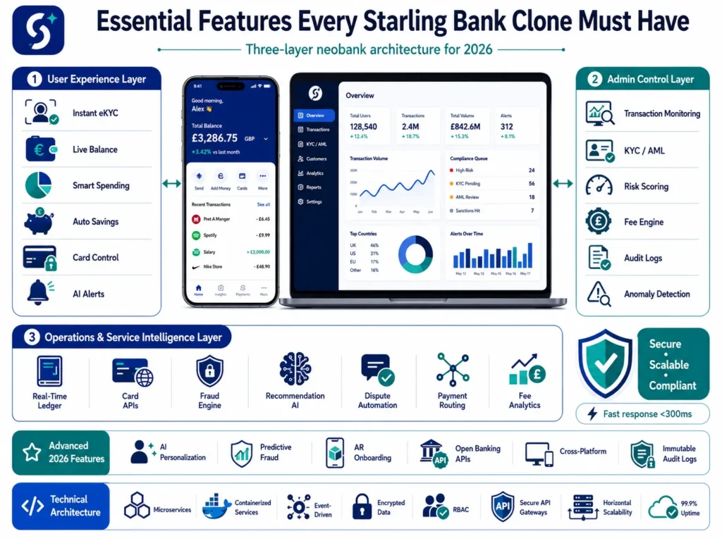 Best Starling Bank Clone Scripts 2026 : Build a Digital Bank That Scales in the Real World 1 Starling Bank clone feature infographic showing instant eKYC, live balance, smart spending, card control, admin monitoring, KYC AML, fraud engine, APIs, secure payments, and scalable neobank architecture.