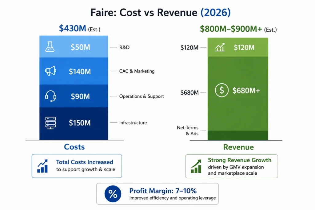 Faire Revenue Model: How Faire Makes Money in 2026 2 Faire cost vs revenue chart for 2026 showing estimated costs, revenue growth, R&D, marketing, operations, infrastructure, net terms, ads, and profit margin.