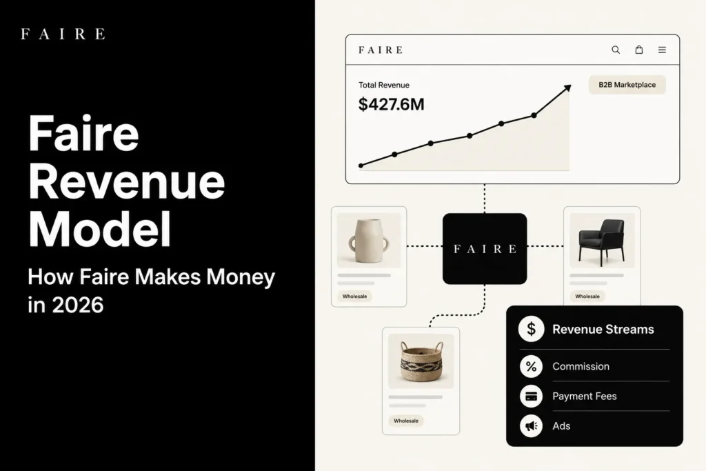 Faire revenue model visual showing B2B marketplace revenue growth, wholesale product listings, commission, payment fees, ads, and marketplace revenue streams.