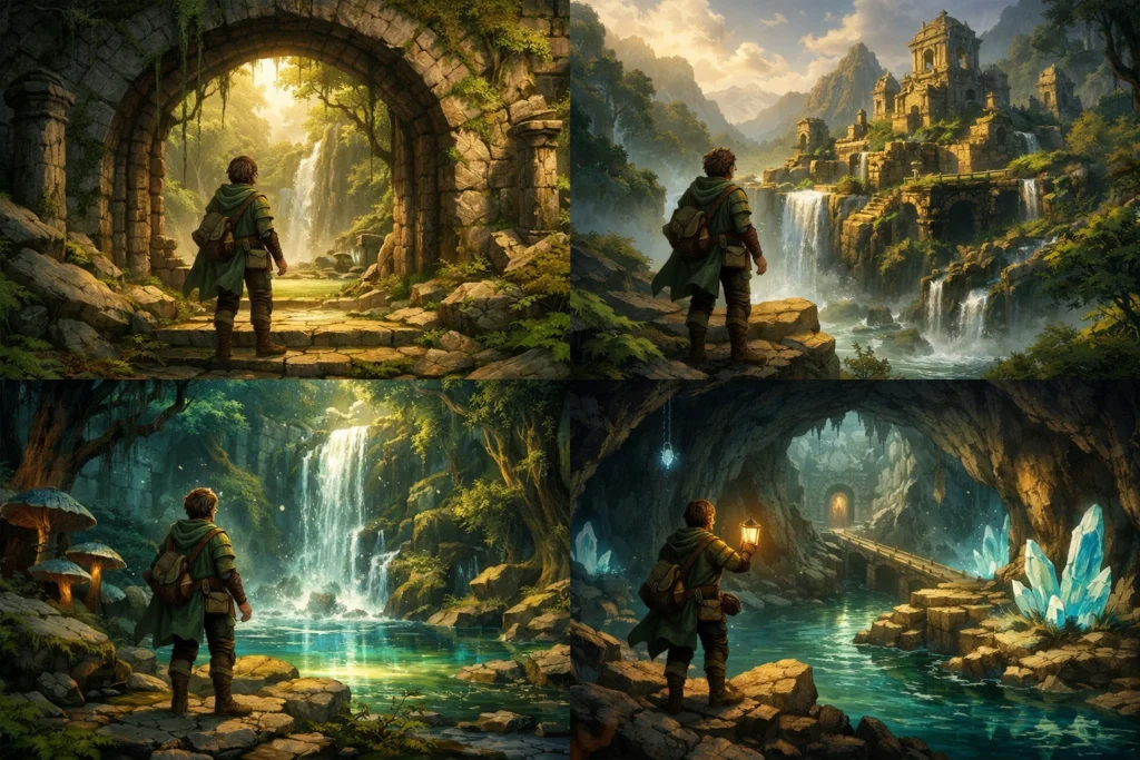 Fantasy adventurer exploring ancient ruins, waterfalls, and glowing caves in a magical forest landscape.