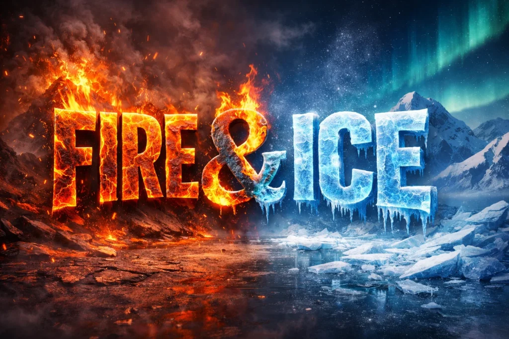 Fire and Ice themed typography artwork featuring blazing molten fire letters on one side and frozen ice-covered letters on the other, symbolizing contrast and balance, created using Adobe Firefly AI style visuals.