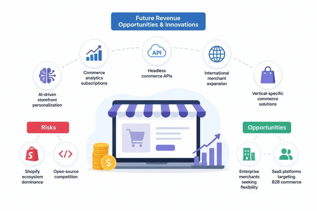 Infographic showing future revenue opportunities and innovations in ecommerce including AI storefronts, headless commerce APIs, SaaS growth, and B2B commerce expansion.